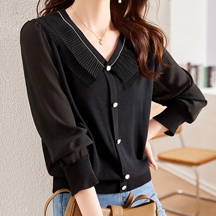 페이퍼먼츠 줄지 케이프 심플 니트 블라우스 22959