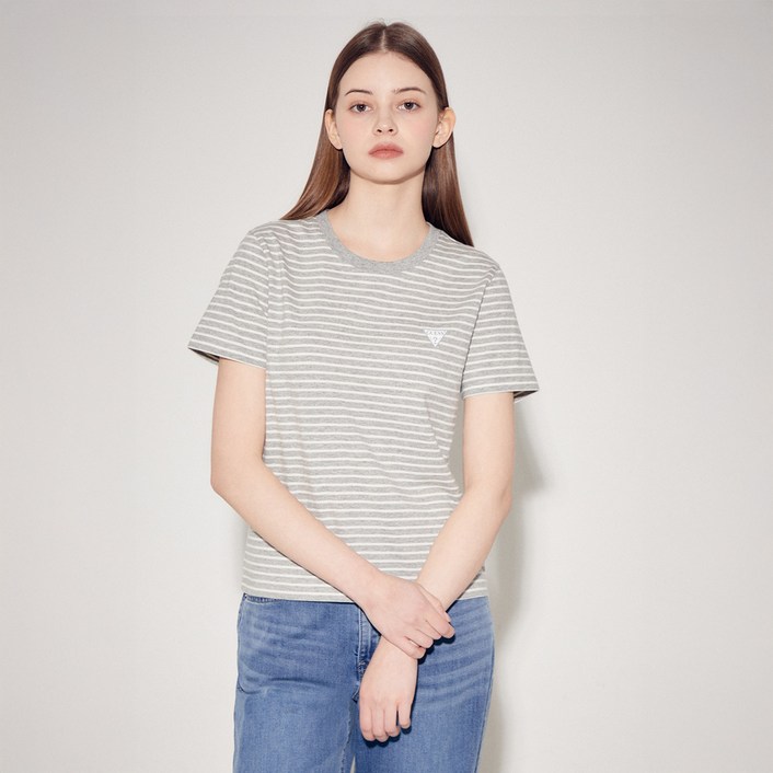 게스 여성용 미니삼각 스트라이프 면 반팔 티셔츠 YP2K9430GRYS
