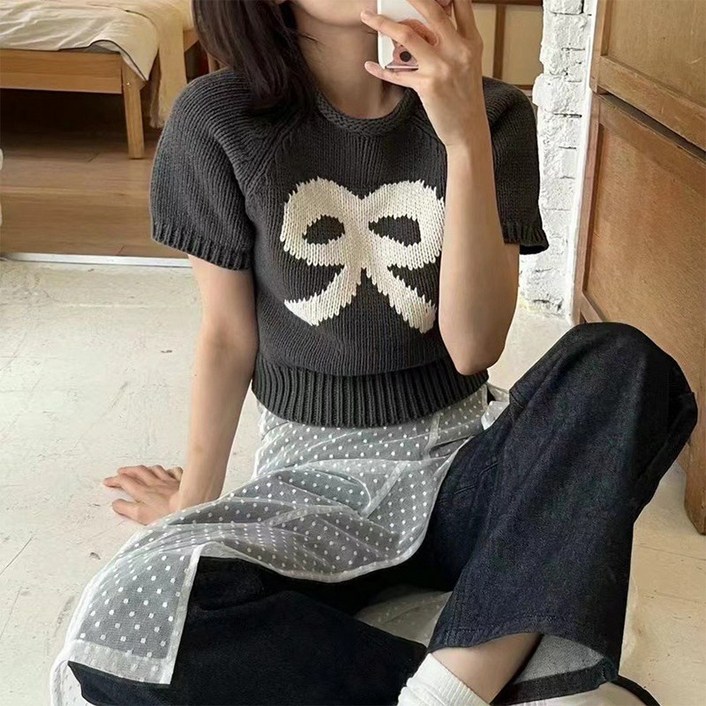아이엠몽 여성용 보나비 리본 캐주얼 반팔 크롭 니트 티셔츠
