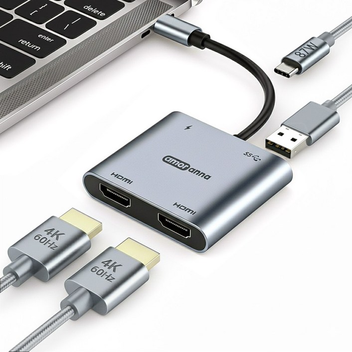 아모란나 고화질 게이밍 C타입 HDMI 듀얼모니터 분배기 2K 144hz 4K 60hz 화면확장 4in1 허브, 1개
