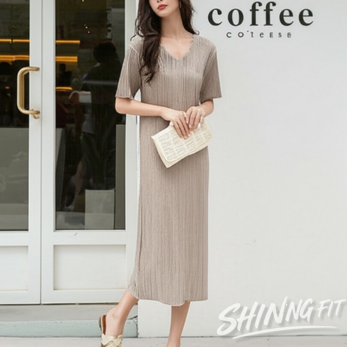 샤이닝핏 브이넥 플리츠 주름 반팔 여름 롱원피스