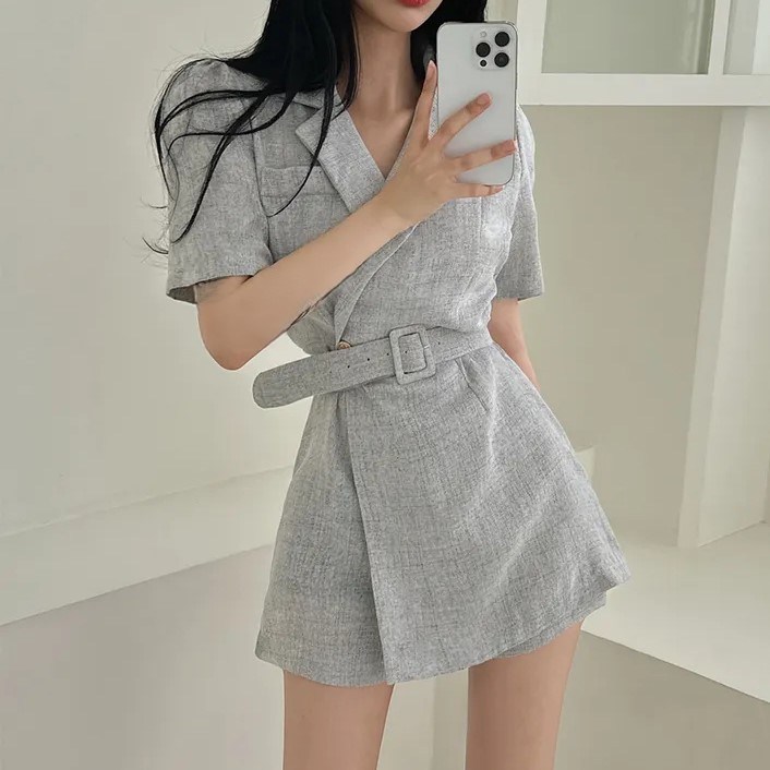 예쁨시전 테일러드 정장 브이넥 반팔 벨트 랩원피스 치마바지