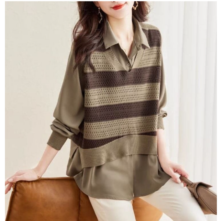 딜마켓 내랑상의  여성 스트라이프 긴팔 이중 카라 티셔츠 상의