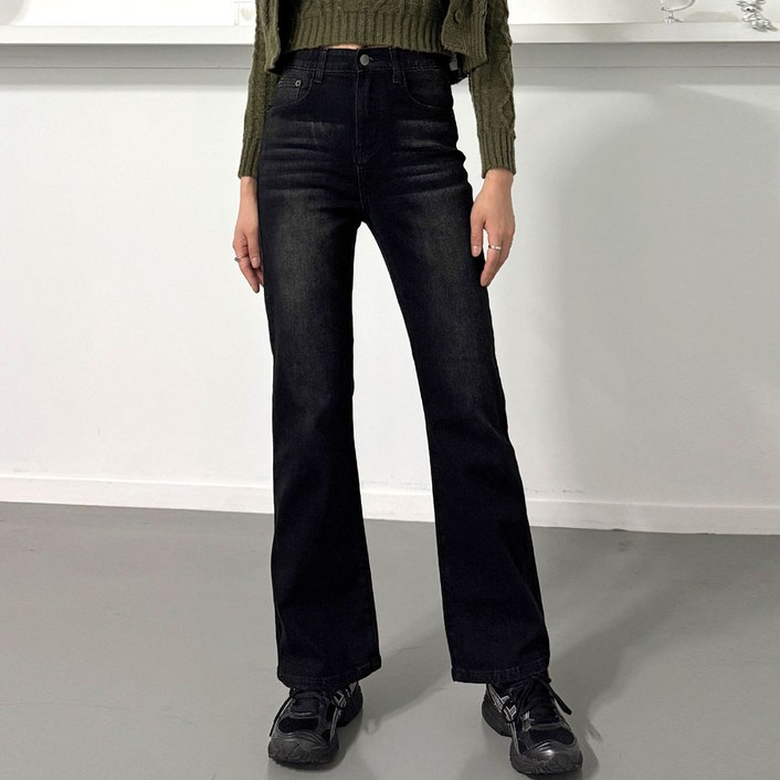 메리앤유 완전 스판 세미 부츠컷 롱 청 데님 바지 히든 밴드 내추럴 워싱