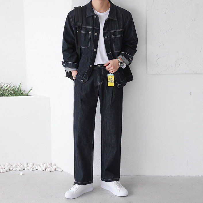 베이직바이블 SET논페이드 이염없는 생지 데님 자켓와이드 데님2color