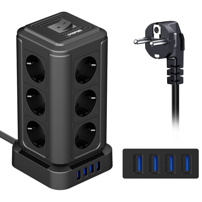 ORDFLES 16구 USB 타워형 멀티탭, 고속 USB 충전 일체형 스위치 멀티탭 ,공간 절약형 수직 디자인, 블랙, 1개, 2m