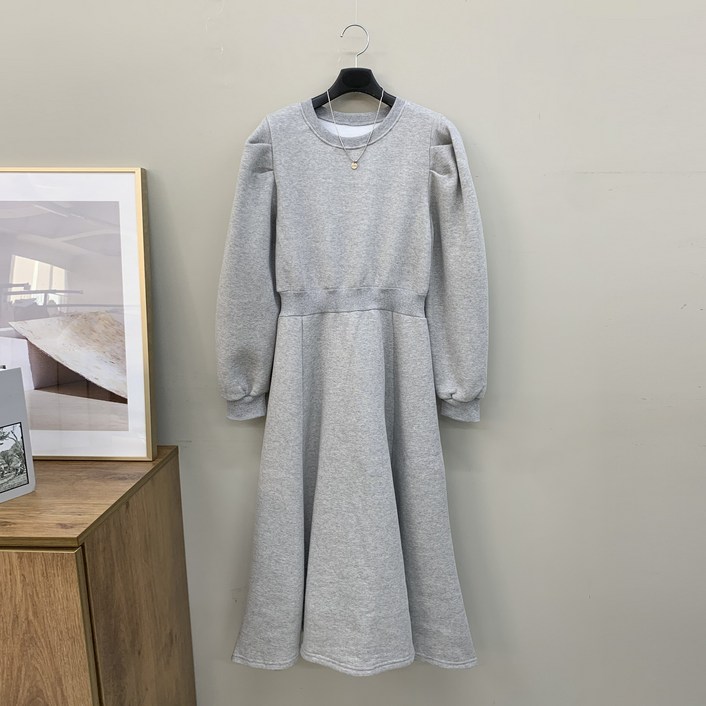 행복여 리노 핀턱 퍼프 소매 허리 밴딩 A라인 기모 원피스