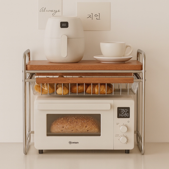 CUBBYCASE 주방 다층 조립식 수납 선반 오븐 전자레인지 수납대 조미료 서랍형 정리대 탄소강 구조 다용도 주방 용품 정리 선반, 2단, 갈색