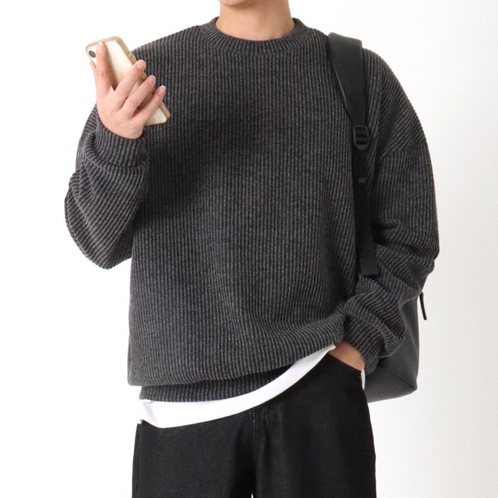 지지블랙 로먼 오버핏 골지 라운드 니트 맨투맨 빅사이즈