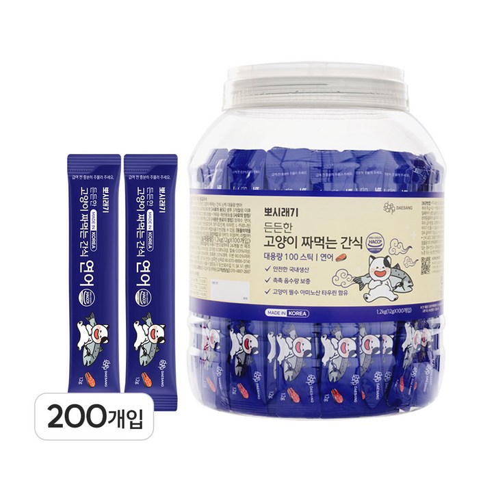 뽀시래기 든든한 고양이 짜먹는 간식 대용량 국산 촉촉 레시피, 플라스틱 보관 용기, 연어, 12g, 200개