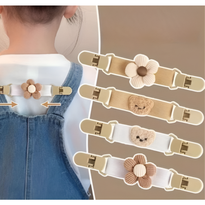 귀여운 꽃 곰돌이 디자인 멜빵 고정 클립 조절형 탄성 멜빵바지 스커트 고정 클립 4종 세트