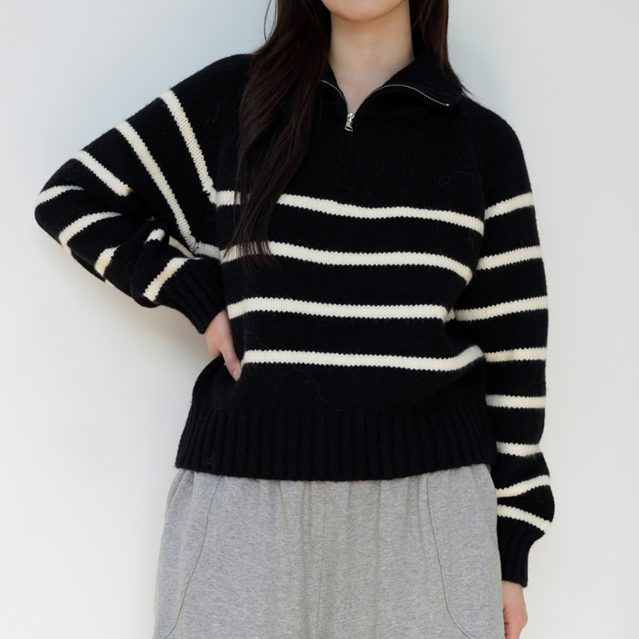 디바이브 여성 스탠다드 하프집업 반집업 세미크롭 스트라이프 래글런 캐주얼 폴라 니트