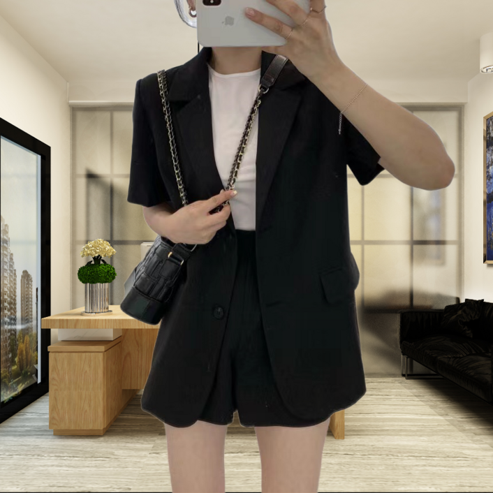 루즈핏 캐주얼 반팔 블레이져 4부팬츠 세트