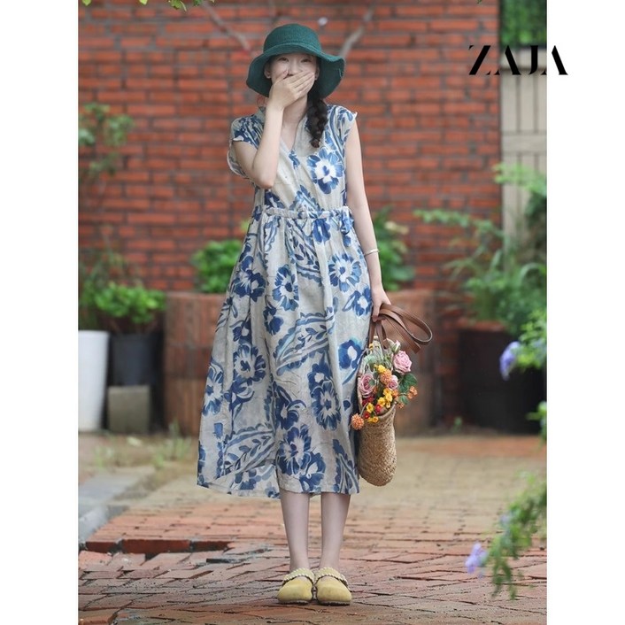 ZAJA 여성 여름 면마 원피스 꽃무늬 롱 루즈핏 캐주얼 휴양지