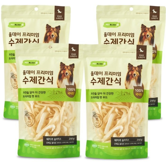 펫블리스 프리미엄 올데이 스틱 강아지 수제간식, 4개, 250g, 돼지귀 슬라이스
