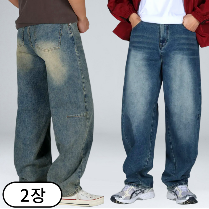 1+1 남녀공용 커브드 포인트 라인 빅사이즈 벌룬 청바지 (6686-2)