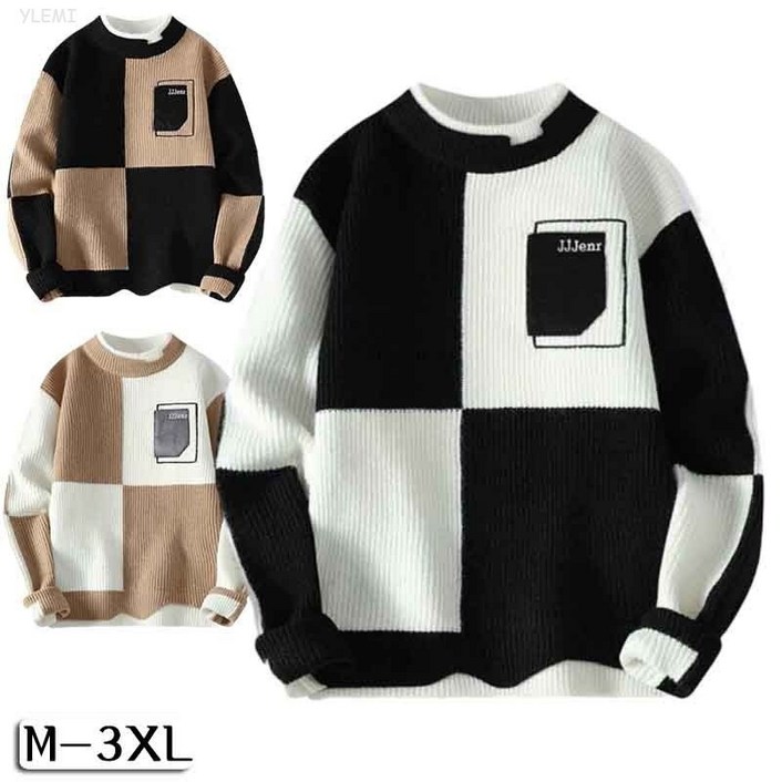 YLEMI 남성 가을 겨울 파스텔 니트반하이넥 배색 풀오버 니트
