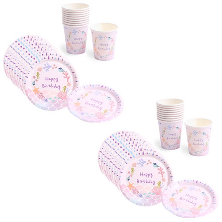 파티해 생일 파티접시 18cm 20p + 파티컵 20p 세트 인어공주