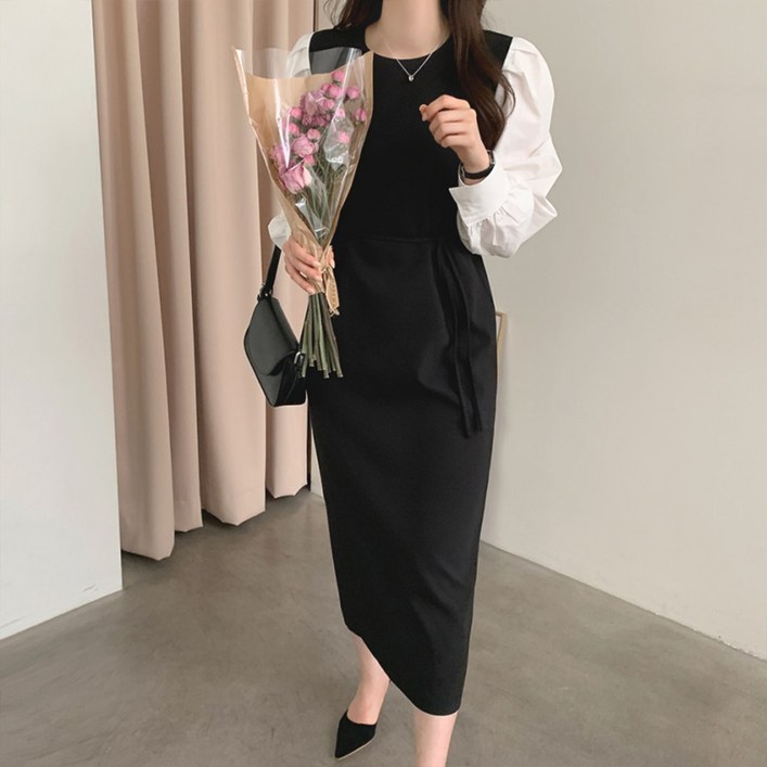 페이퍼먼츠 라운드넥 단정한 소매 배색 스트랩 롱 원피스 06858 페이퍼먼츠 라운드넥 단정한 소매 배색 스트랩 롱 원피스 06858