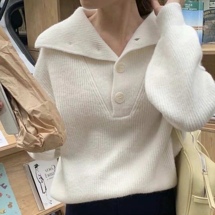 페이퍼먼츠 여성용 데일리 카라넥 투버튼 루즈핏 니트 티셔츠 07178 페이퍼먼츠 여성용 데일리 카라넥 투버튼 루즈핏 니트 티셔츠 07178