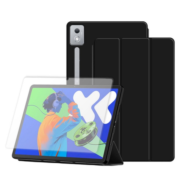 칸탐 레노버 Y700 4세대 가죽 케이스  강화유리 세트, 블랙, 1세트