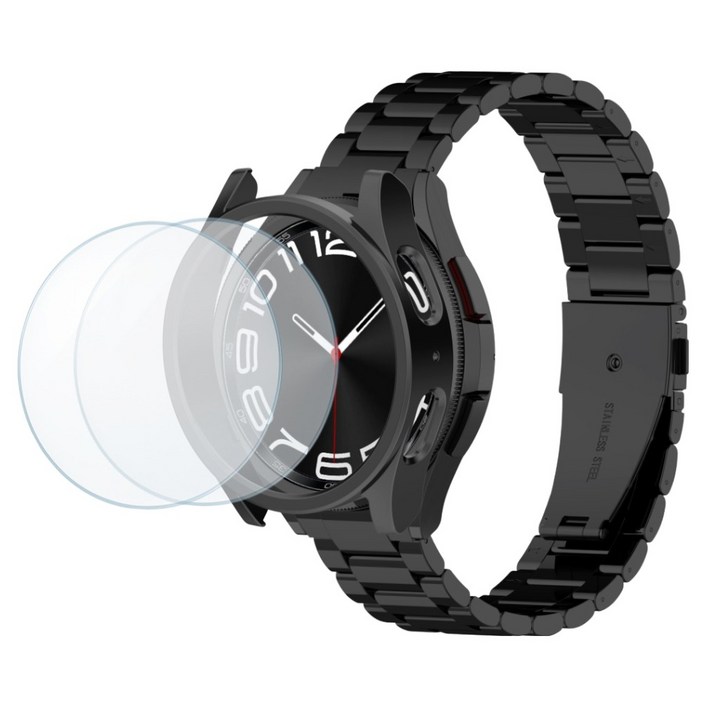 칸탐 갤럭시워치 6 클래식 메탈 스트랩 + 강화유리 필름 + 하드 케이스 세트, 블랙, 1개