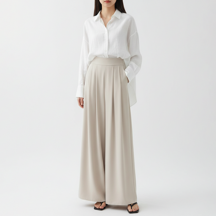 마켓피아 여성용 봄여름 와이드 플리츠 롱 스커트 팬츠