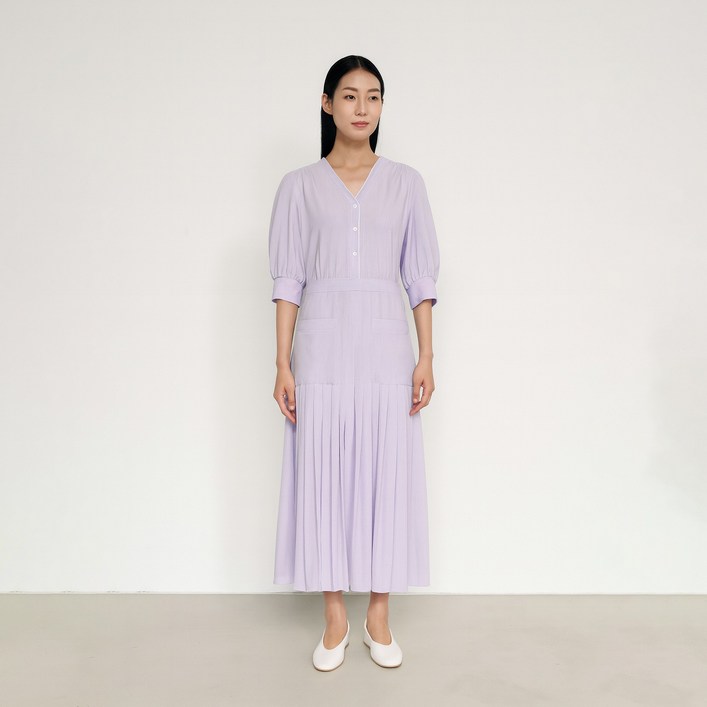 온앤온 여성용 브이넥 니트 배색 플리츠 원피스 NEW3MO527