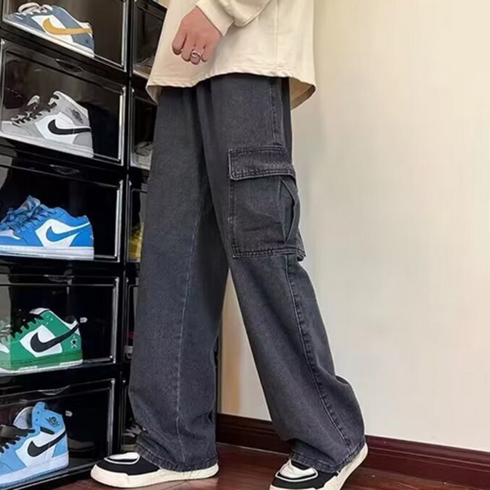 구디프 남성용 아메리칸 빈티지 일자핏 와이드 카고 팬츠