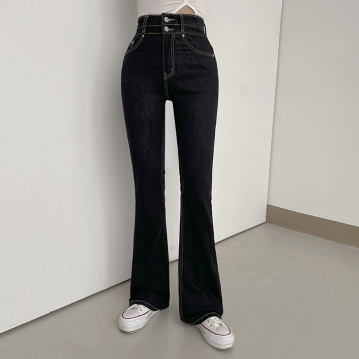 아이엠베스트 여성용 투버튼 생지 부츠컷 팬츠