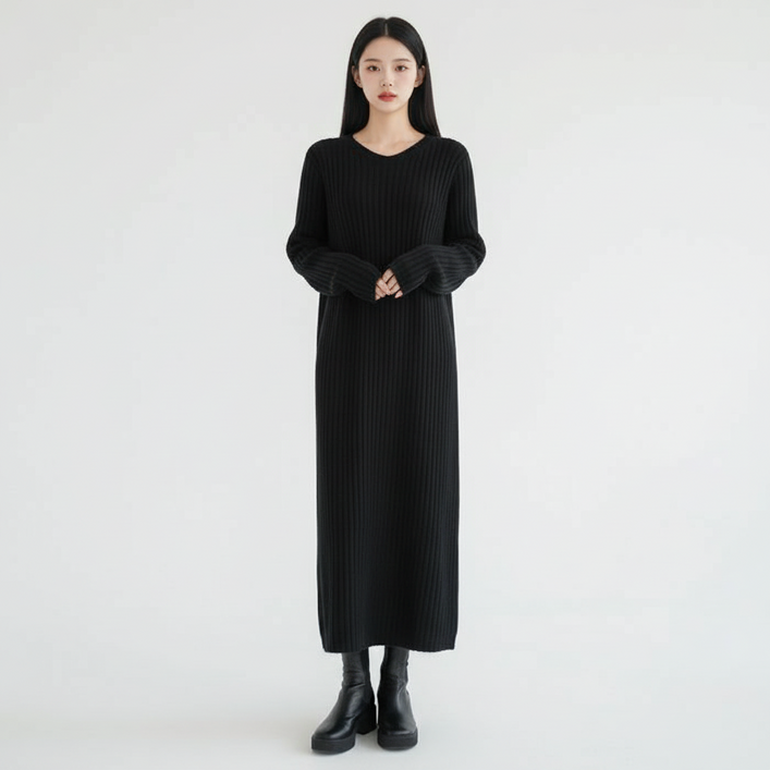 마켓피아 여성용 루즈핏 라운드넥 골지 롱원피스