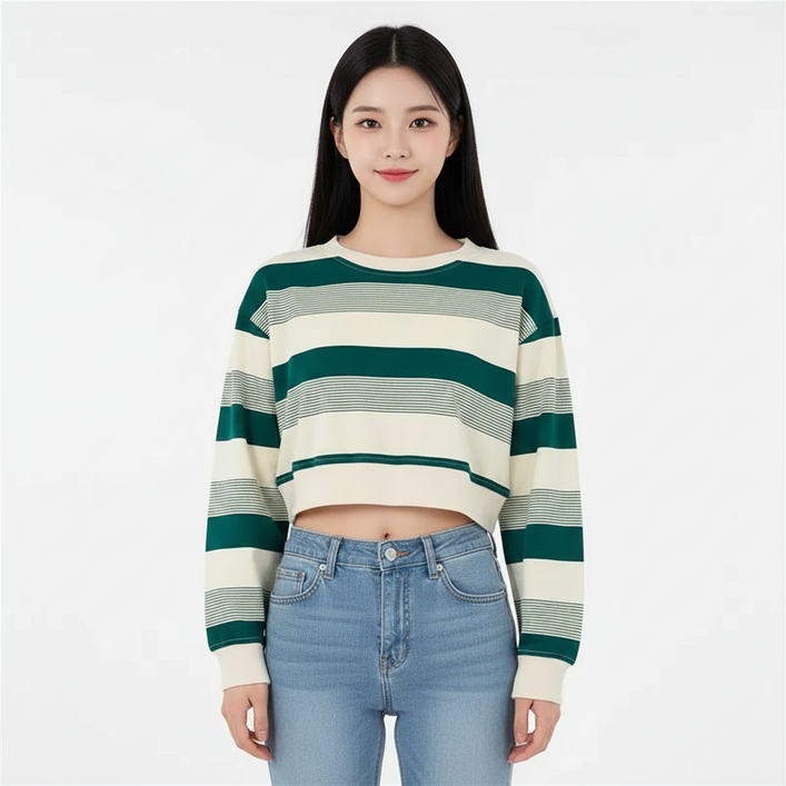 마켓피아 여성용 크롭 스트라이프 라운드넥 맨투맨