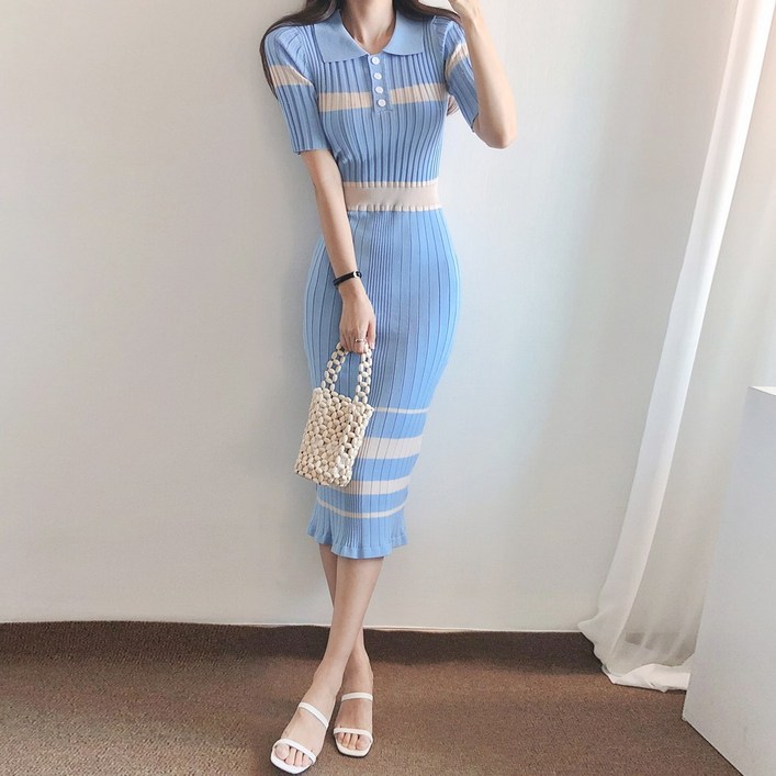 요시아나 당일발송 제이드 카라넥 배색 골지 슬림 니트 원피스 2컬러