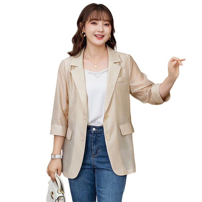 ROYALBELLE 여성 썸머 경량 얇은 블레이저 자켓 카라넥 루즈핏 7부소매 정장 자켓 데일리룩 X41208