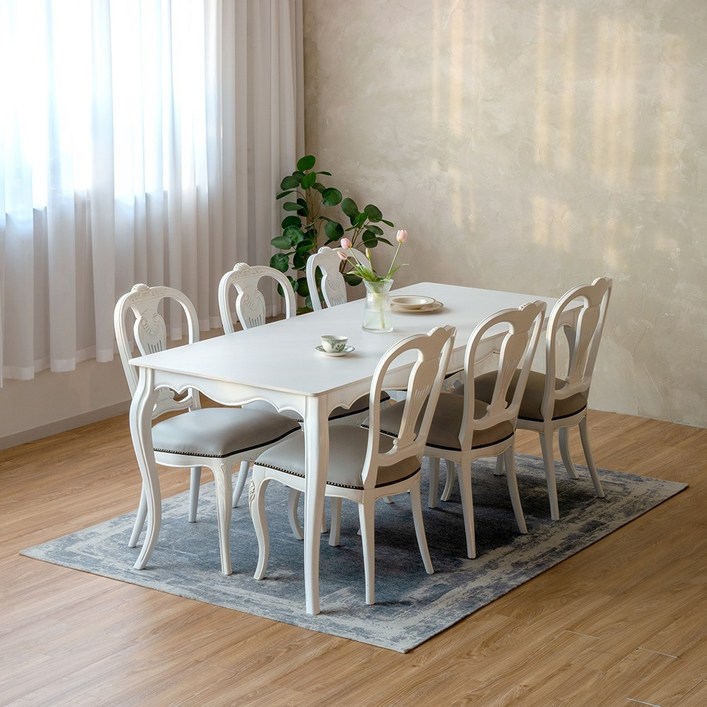 피어젠가구 로사 프렌치 앤틱 6인용 포세린 세라믹 원목 식탁 봄베이 의자 세트, 로세 세라믹식탁의자6