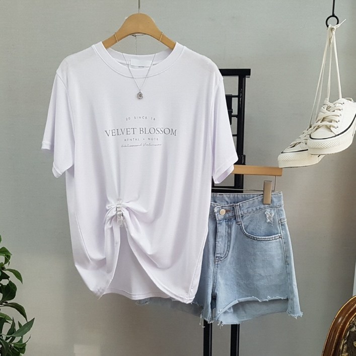 상상그이상 여성용 촉감왕 블로썸 레터링 레이온 반팔 티셔츠