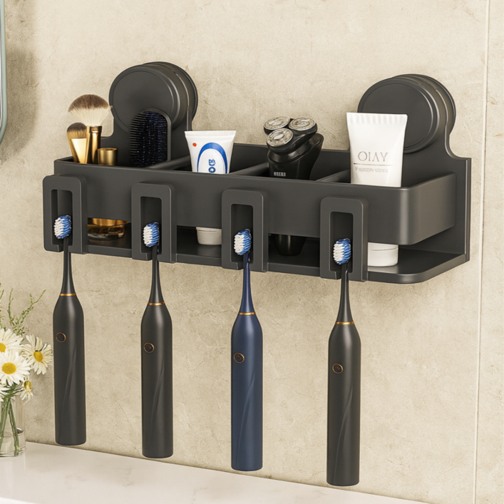 클레미엄 무타공 흡착식 우주 항공알루미늄 칫솔꽂이 칫솔걸이 스테인리스 컵꽂이, 그레이 4구, 1개