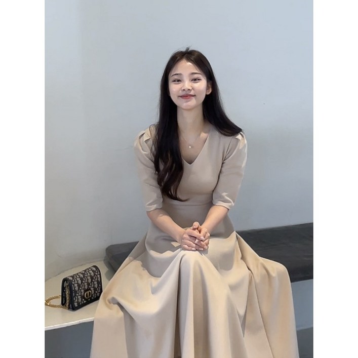 브이넥 부드러운 반팔 스판 롱 원피스