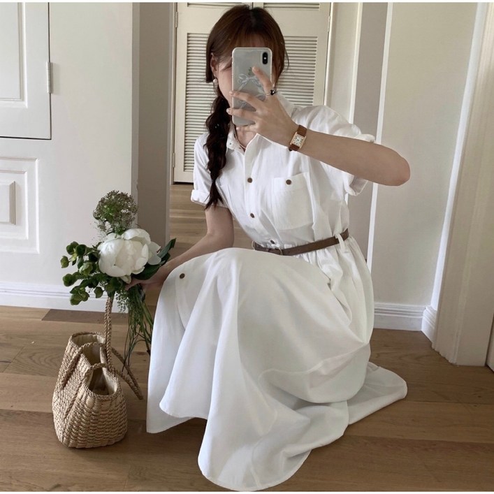 루어스룸 헤이즐 여름 코튼 벨트세트 버튼 플레어 A라인 빅사이즈 여성 a라인 반팔 66 77 88 임산부 하객룩 셔츠 롱 원피스2color 돌잔치룩