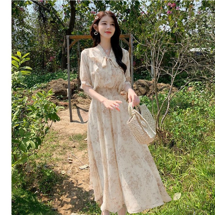 미중 여성 뉴 반팔 원피스 플라워 허리 조임 고급 부드러운 날씬 셔링 브이넥 프릴yy