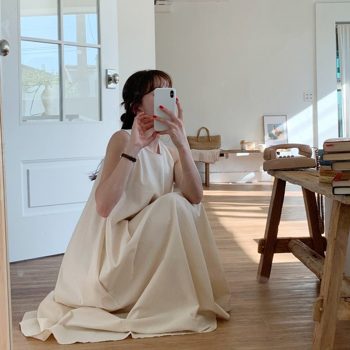 앤샵 여성 드림 라운드 린넨 나시 플레어 여름 롱원피스3color