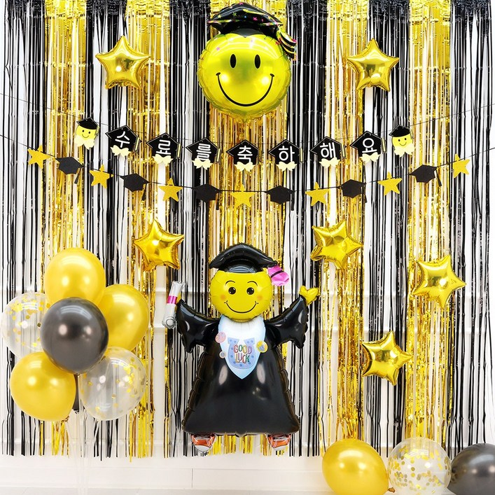 파티짱 수료 가랜드 풍선 커튼 세트 장식 축하 파티 소품, 1개, 수료 스마일리본 골드블랙