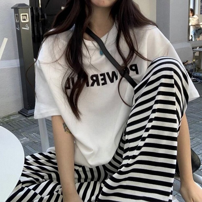 세인트이브 E5019 박시티 단가라 밴딩 와이드팬츠 상하 세트