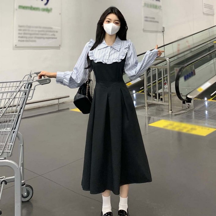 TKX 여성 가을 겨울 롱 슬리브 플레어 원피스 귀여운 디자인 캐주얼 스타일 스트라이프 배색 장식 MN53