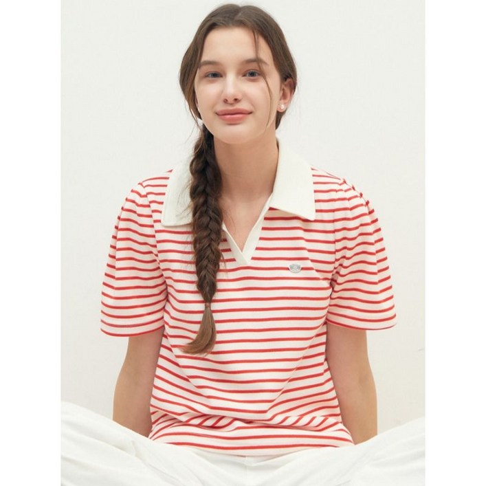 JJ지고트 스트라이프 브이 칼라 티셔츠 GR5P0TS501