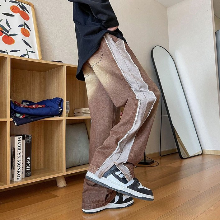 DFMEI 레트로 스트레이트 청바지 남성 가을 겨울 루즈 와이드 레그 보이즈 캐주얼 바지