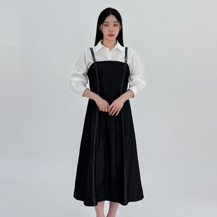 모드 스티치 두줄 스트랩 데님 청 뷔스티에 원피스