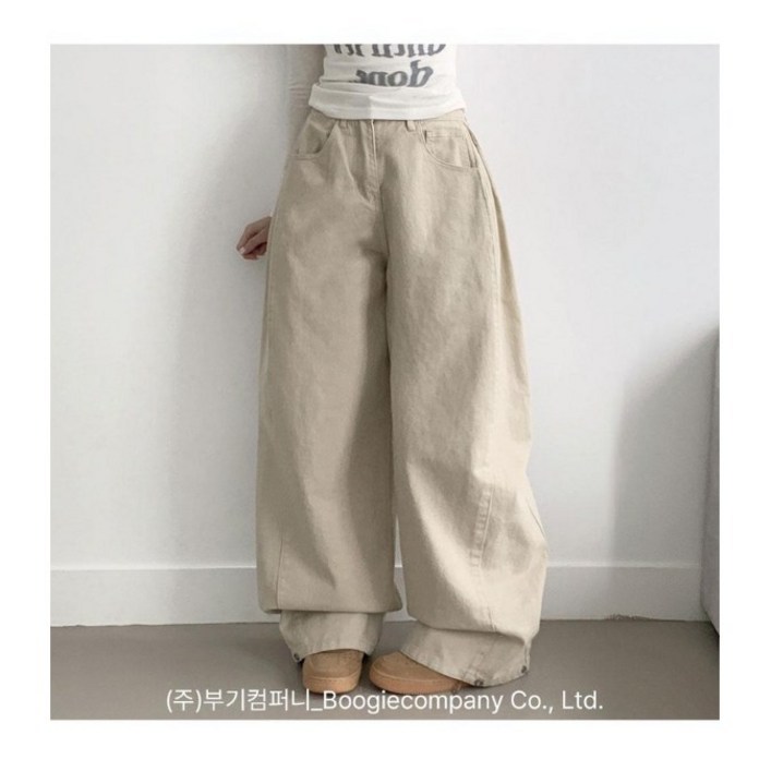 부기샵 베러 사이드 핀턱 밑단 스냅 비조버튼 코튼 와이드핏 롱팬츠