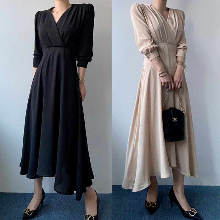 에이스토리 심플 모던 봄가을 브이넥 셔링  여신롱 랩 원피스 하객룩