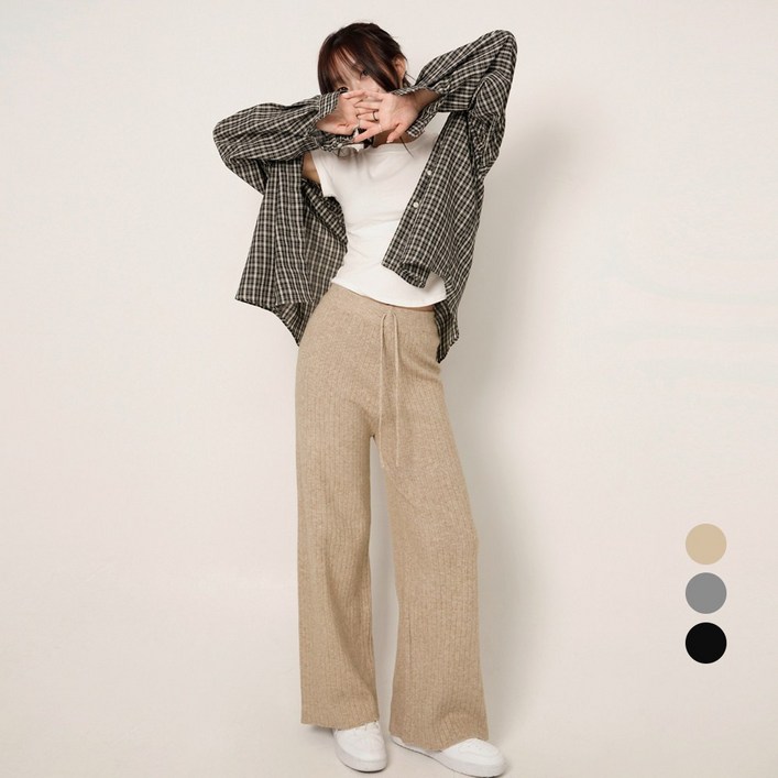 코튼클로젯 여성용 숏롱 기장 데일리 골지 와이드 밴딩 니트 팬츠